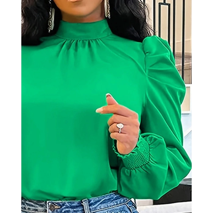 Kadın Uzun Kollu Balıkçı Yaka Arkadan Bağlamalı Omuzlardan Balon Ithal Krep Bluz