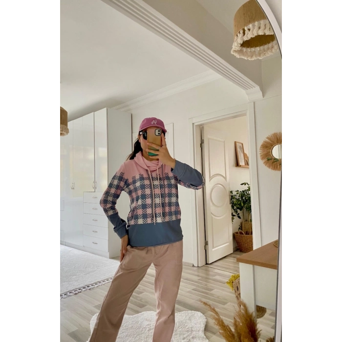 Kadın Uzun Kollu Balıkçı Yaka Bağcıklı Desenli şardonlu Dalgıç Bluz