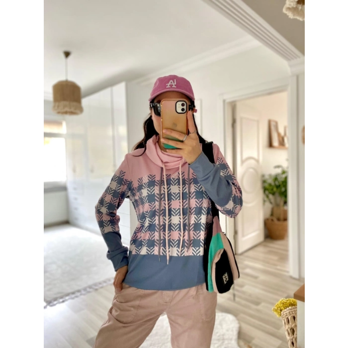 Kadın Uzun Kollu Balıkçı Yaka Bağcıklı Desenli şardonlu Dalgıç Bluz