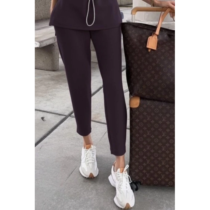 Kadın Uzun Kollu Balıkçı Yaka Belden Lastikli Modal Bluz Ve Pantolon Ikili Takım