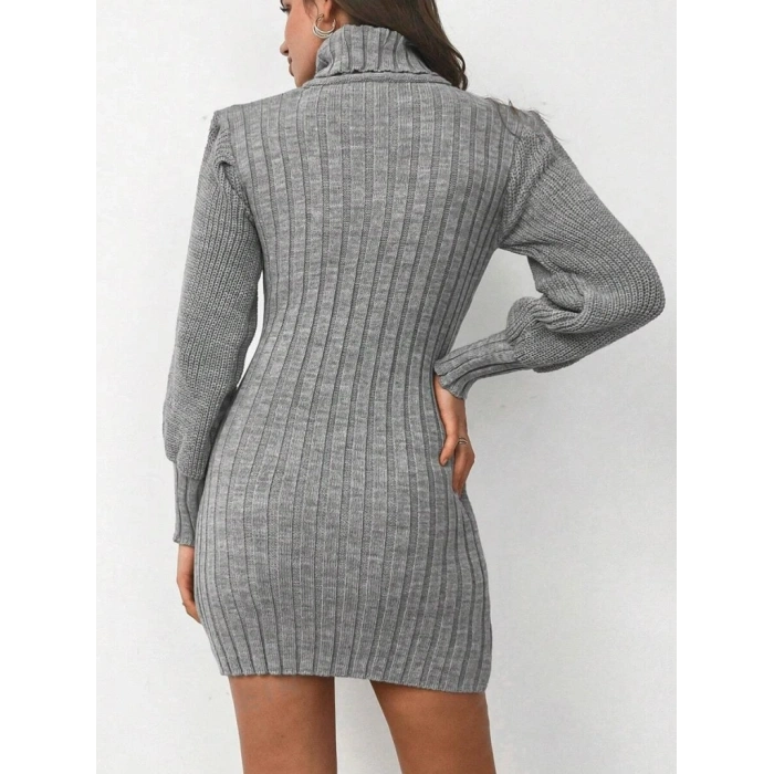 Kadın Uzun Kollu Balıkçı Yaka Beli Kuşaklı Mini Triko Elbise