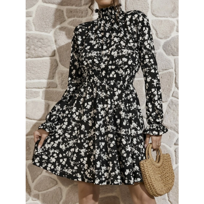 Kadın Uzun Kollu Balıkçı Yaka çiçek Baskılı Helen Kumaş Elbise