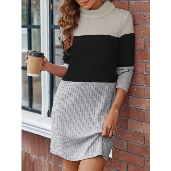 Kadın Uzun Kollu Balıkçı Yaka çizgili çok Renkli Mini şardonlu Kaşkorsel Elbise