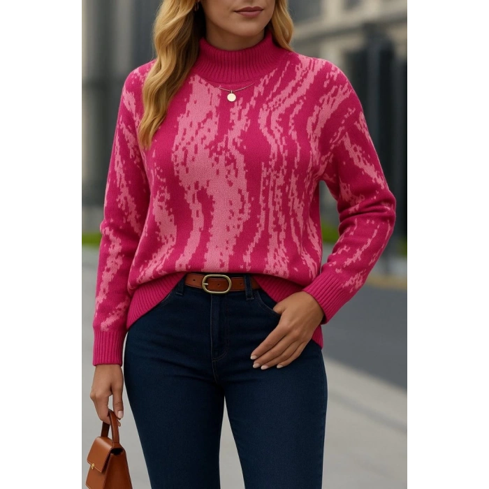 Kadın Uzun Kollu Balıkçı Yaka çok Renkli Triko Bluz