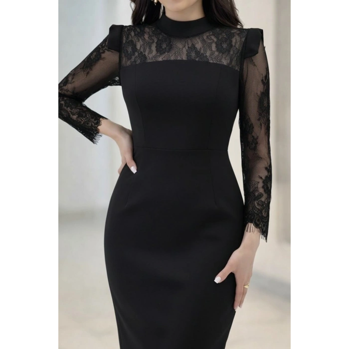 Kadın Uzun Kollu Balıkçı Yaka Dantel Detaylı Midi Ithal Krep Elbise