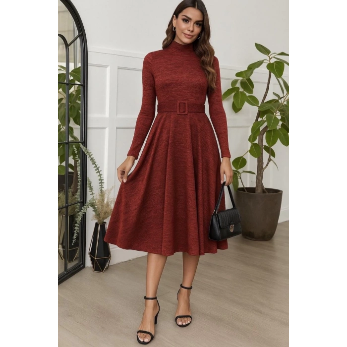 Kadın Uzun Kollu Balıkçı Yaka Kemer Detaylı Yumoş Midi Elbise