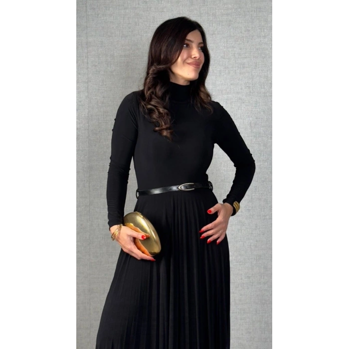 Kadın Uzun Kollu Balıkçı Yaka Kemersiz Pileli Uzun Sandy Elbise