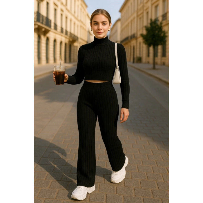 Kadın Uzun Kollu Balıkçı Yaka Krop Ve Pantolon şardonlu Kaşkorse Ikili Takım