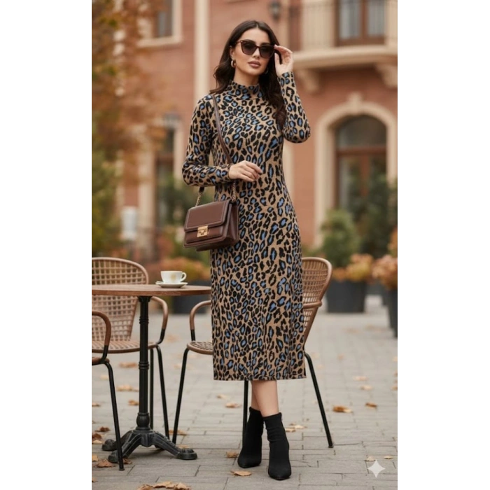 Kadın Uzun Kollu Balıkçı Yaka Leopar Desenli Midi Boy Elbise