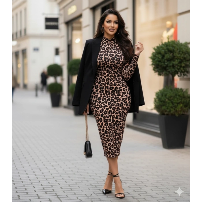 Kadın Uzun Kollu Balıkçı Yaka Leopar Desenli Midi Boy Elbise