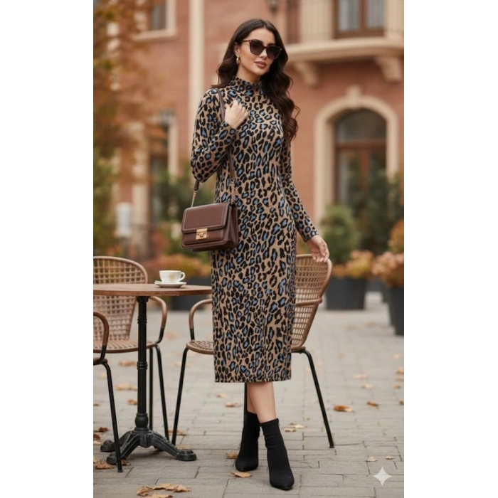 Kadın Uzun Kollu Balıkçı Yaka Leopar Desenli Midi Boy Elbise