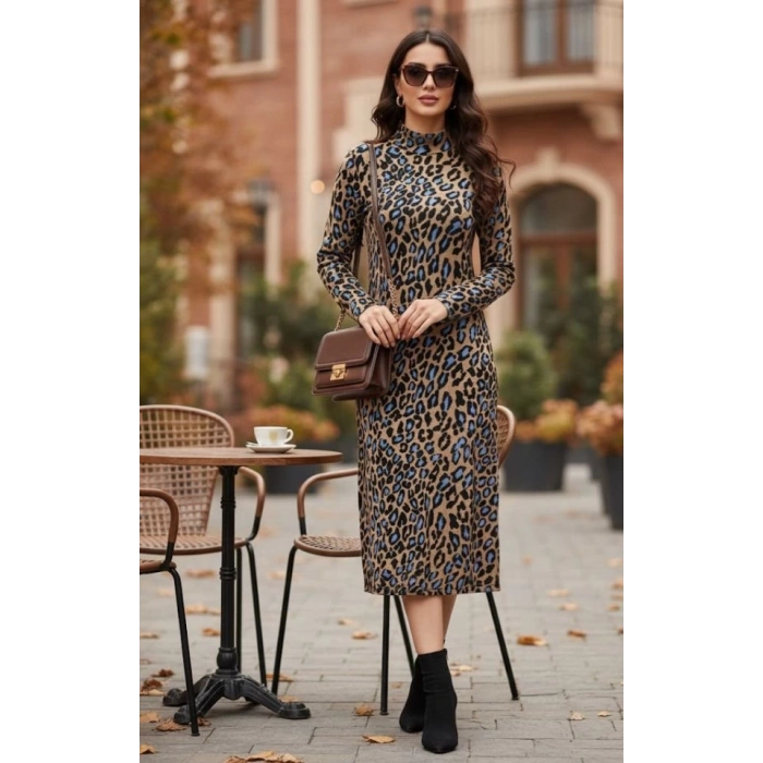 Kadın Uzun Kollu Balıkçı Yaka Leopar Desenli Midi Boy Elbise