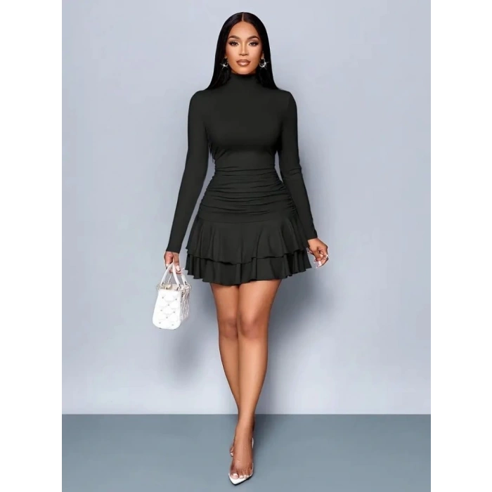 Kadın Uzun Kollu Balıkçı Yaka Mini Fırfırlı Sandy Elbise