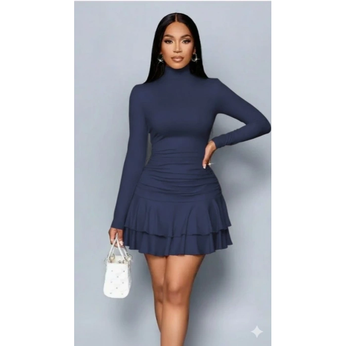 Kadın Uzun Kollu Balıkçı Yaka Mini Fırfırlı Sandy Elbise