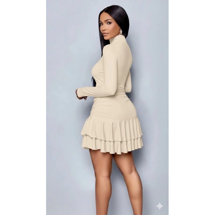 Kadın Uzun Kollu Balıkçı Yaka Mini Fırfırlı Sandy Elbise