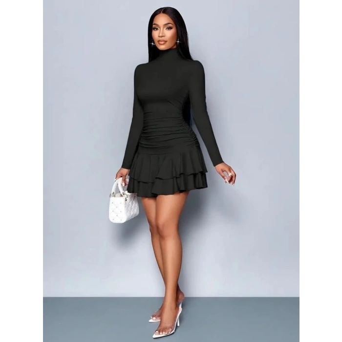 Kadın Uzun Kollu Balıkçı Yaka Mini Fırfırlı Sandy Elbise