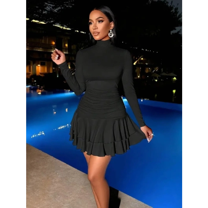 Kadın Uzun Kollu Balıkçı Yaka Mini Fırfırlı Sandy Elbise