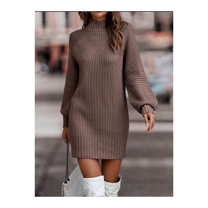 Kadın Uzun Kollu Balıkçı Yaka Mini Triko Elbise