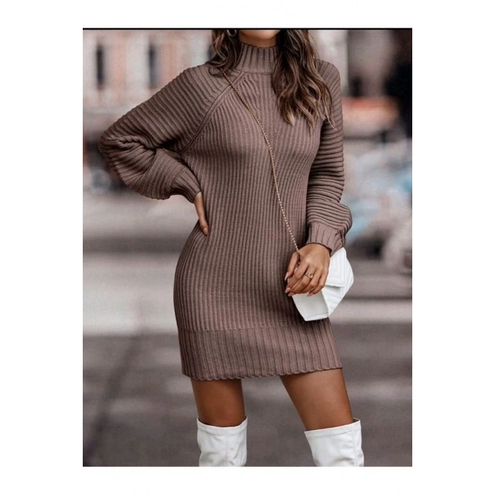 Kadın Uzun Kollu Balıkçı Yaka Mini Triko Elbise