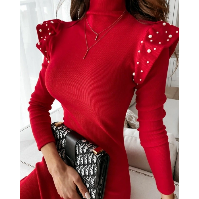 Kadın Uzun Kollu Balıkçı Yaka Omuzlarda Pile Inci Detay Kaşkorse Elbise