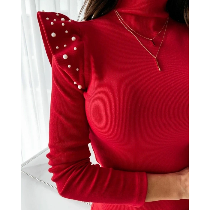 Kadın Uzun Kollu Balıkçı Yaka Omuzlarda Pile Inci Detay Kaşkorse Elbise