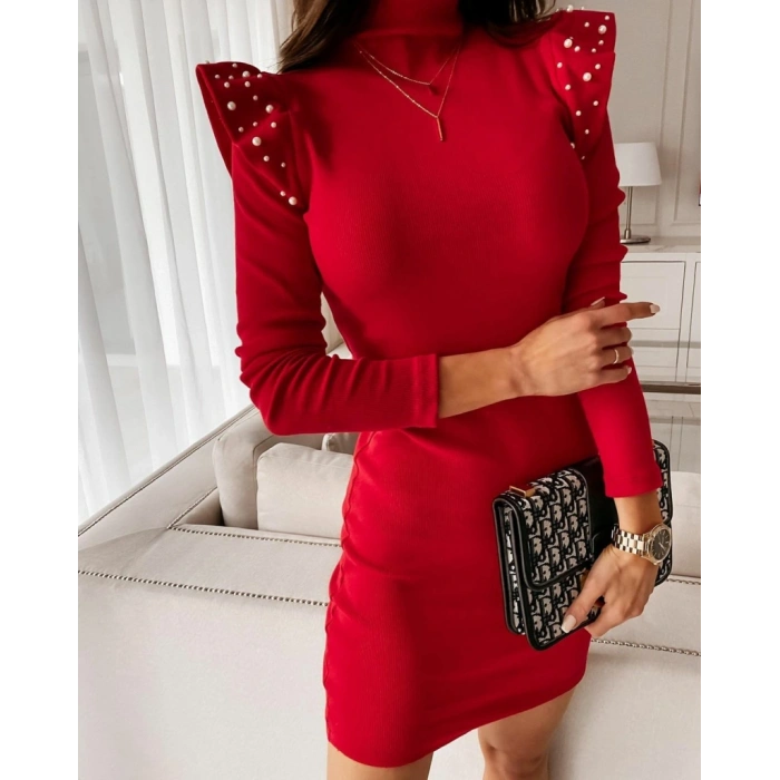 Kadın Uzun Kollu Balıkçı Yaka Omuzlarda Pile Inci Detay Kaşkorse Elbise