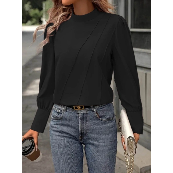 Kadın Uzun Kollu Balıkçı Yaka önden Dikişli Dokuma Bluz