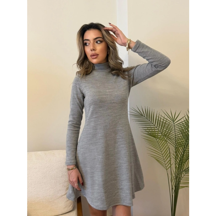 Kadın Uzun Kollu Balıkçı Yaka Salaş Kusa Akrilik Elbise