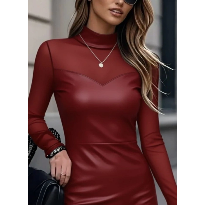 Kadın Uzun Kollu Balıkçı Yaka Tül Detaylı Mini Deri Elbise