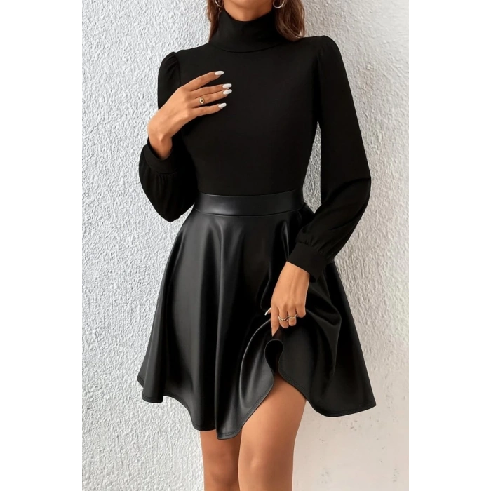 Kadın Uzun Kollu Balıkçı Yaka üst Kaşkorse Alt Deri Detaylı Mini Elbise