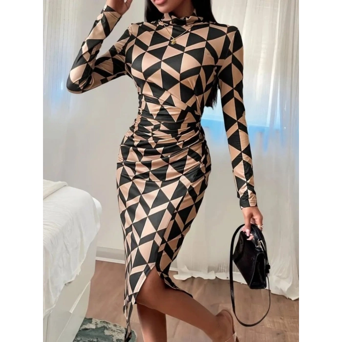 Kadın Uzun Kollu Balıkçı Yaka Yandan Büzgülü Yırtmaçlı Modal Midi Elbise