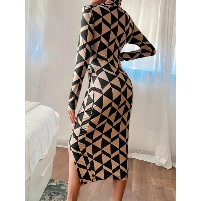 Kadın Uzun Kollu Balıkçı Yaka Yandan Büzgülü Yırtmaçlı Modal Midi Elbise