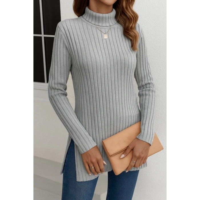 Kadın Uzun Kollu Balıkçı Yaka Yandan Yırtmaçlı şardonlu Kaşkorse Bluz