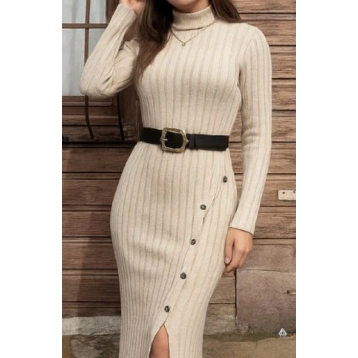 Kadın Uzun Kollu Balıkçı Yaka Yırtmaçlı Düğmeli şardonlu Kaşkorse Elbise