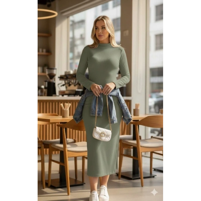 Kadın Uzun Kollu Balıkçı Yakalı Yanlardan Yırtmaçlı Kaşkorse Maxi Elbise