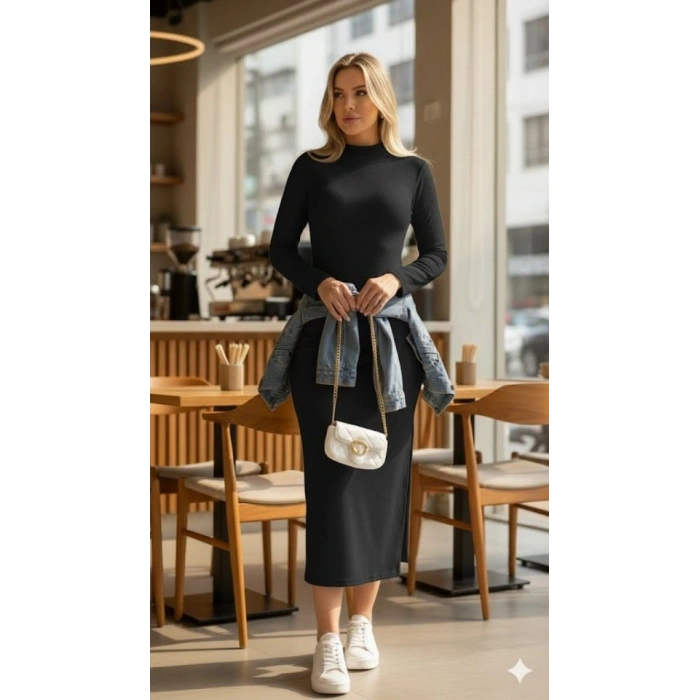 Kadın Uzun Kollu Balıkçı Yakalı Yanlardan Yırtmaçlı Kaşkorse Maxi Elbise