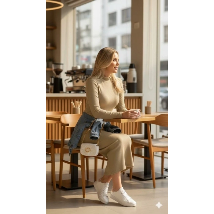 Kadın Uzun Kollu Balıkçı Yakalı Yanlardan Yırtmaçlı Kaşkorse Maxi Elbise