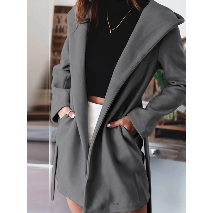 Kadın Uzun Kollu Belden Kuşaklı Kapşonlu Kısa Kaşe Kaban