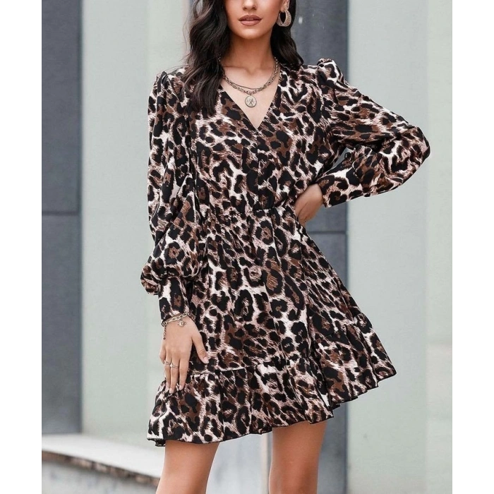 Kadın Uzun Kollu Beli Lastikli Etek Ucu Volanlı Leopar Desen Krep Elbise