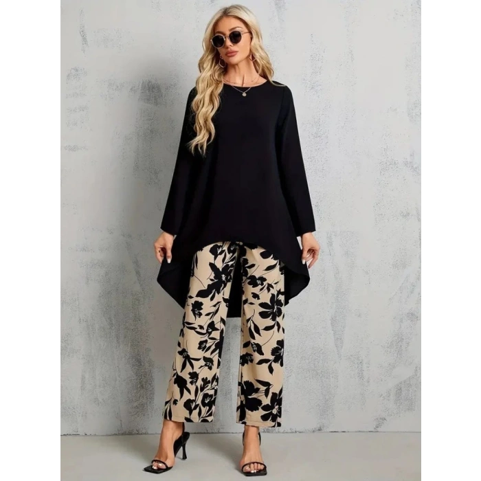 Kadın Uzun Kollu Bisiklet Yaka Asimetrik Kesim Detaylı Viskon Bluz Ve çiçek Desenli Iki Iplik Pantolon