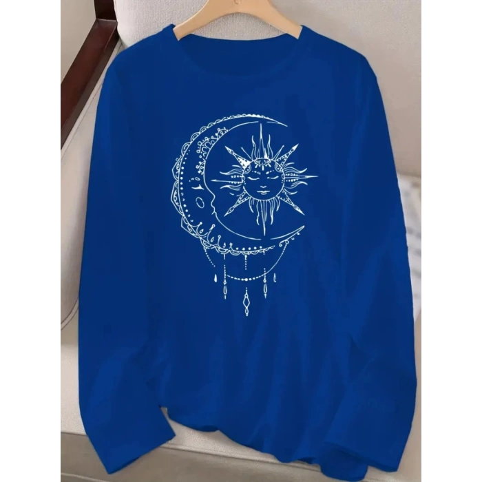 Kadın Uzun Kollu Bisiklet Yaka Ay Baskılı Viskon Bluz