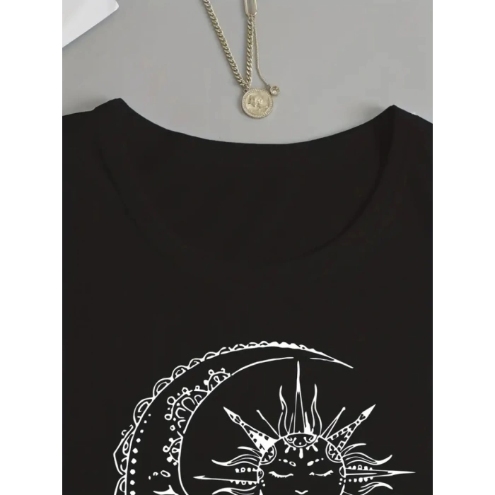 Kadın Uzun Kollu Bisiklet Yaka Ay Baskılı Viskon Bluz