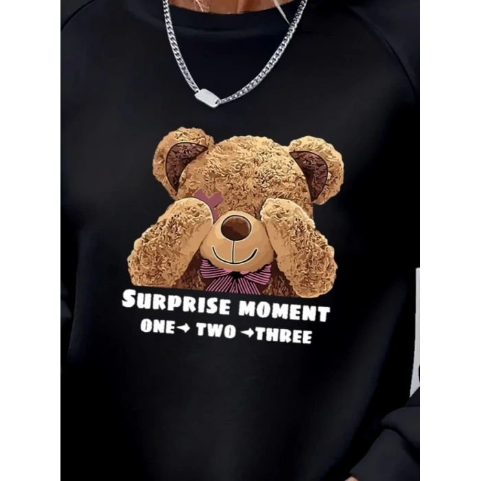 Kadın Uzun Kollu Bisiklet Yaka Ayıcık Desenli Viskon Iki Iplik Bluz