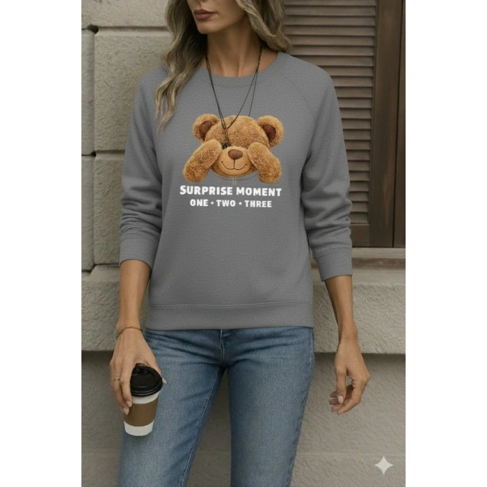 Kadın Uzun Kollu Bisiklet Yaka Ayıcık Desenli Viskon Iki Iplik Bluz