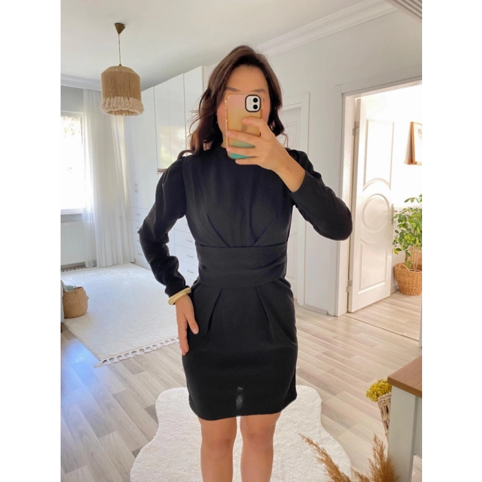 Kadın Uzun Kollu Bisiklet Yaka Bel Kemer Detay Ithal Krep Elbise