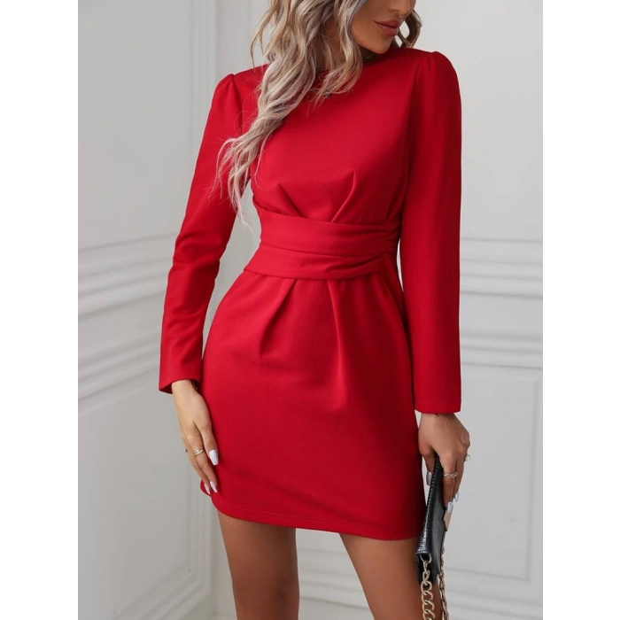 Kadın Uzun Kollu Bisiklet Yaka Bel Kemer Detay Ithal Krep Elbise