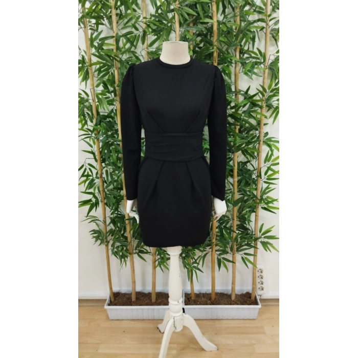 Kadın Uzun Kollu Bisiklet Yaka Bel Kemer Detay Ithal Krep Elbise