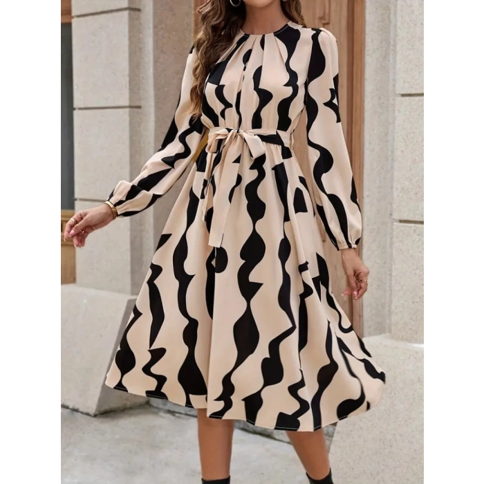 Kadın Uzun Kollu Bisiklet Yaka Belden Bağlamalı Desenli Belden Kuşaklı Mikro Süprem Midi Elbise