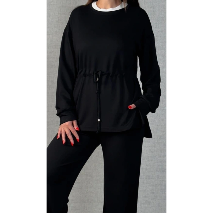 Kadın Uzun Kollu Bisiklet Yaka Belden Büzgülü Bağcıklı Viskon Iki Iplik Bluz Ve Pantolon Ikili Takım