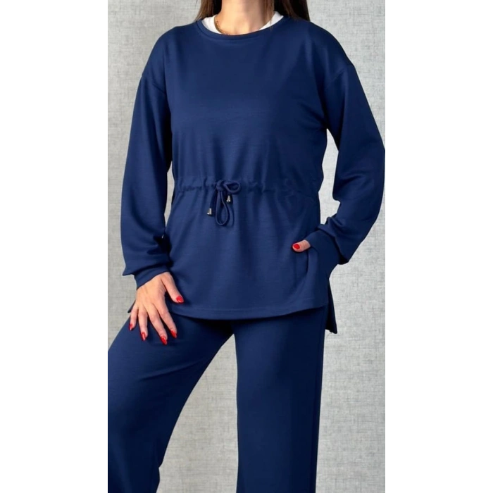 Kadın Uzun Kollu Bisiklet Yaka Belden Büzgülü Bağcıklı Viskon Iki Iplik Bluz Ve Pantolon Ikili Takım